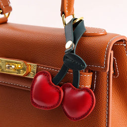 Cherry Bag Charm – Leather Handbag Pendant & Keychain with Love Heart for Schoolbag and Accessories
