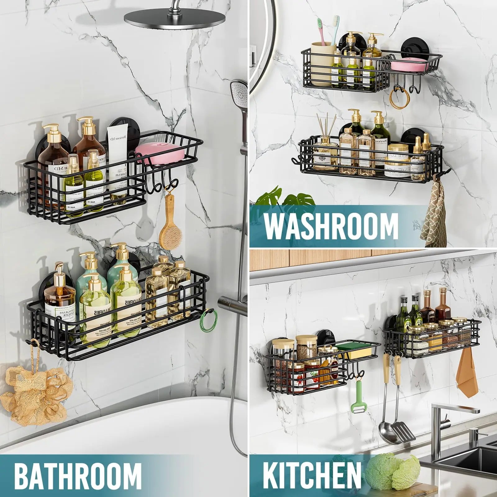 Shower Caddy 2-Pack with Hooks & Soap Holder, No Drilling, Heavy Duty Bathroom Organizer