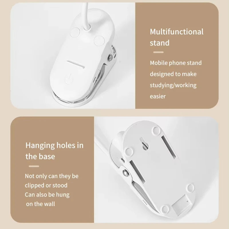 Portable USB Desk Lamp with Clip – Rechargeable LED, 3 Dimming Modes, Touch Control, Eye Protection