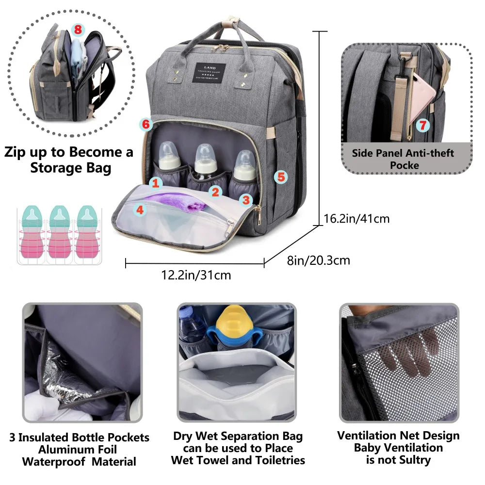Lightweight Portable Mommy Bag with Folding Crib – Large Capacity Travel Baby Backpack
