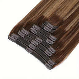 Straight Clip-In Hair Extensions – 100% Remy Human Hair #4/27 Brown Blonde Highlights
