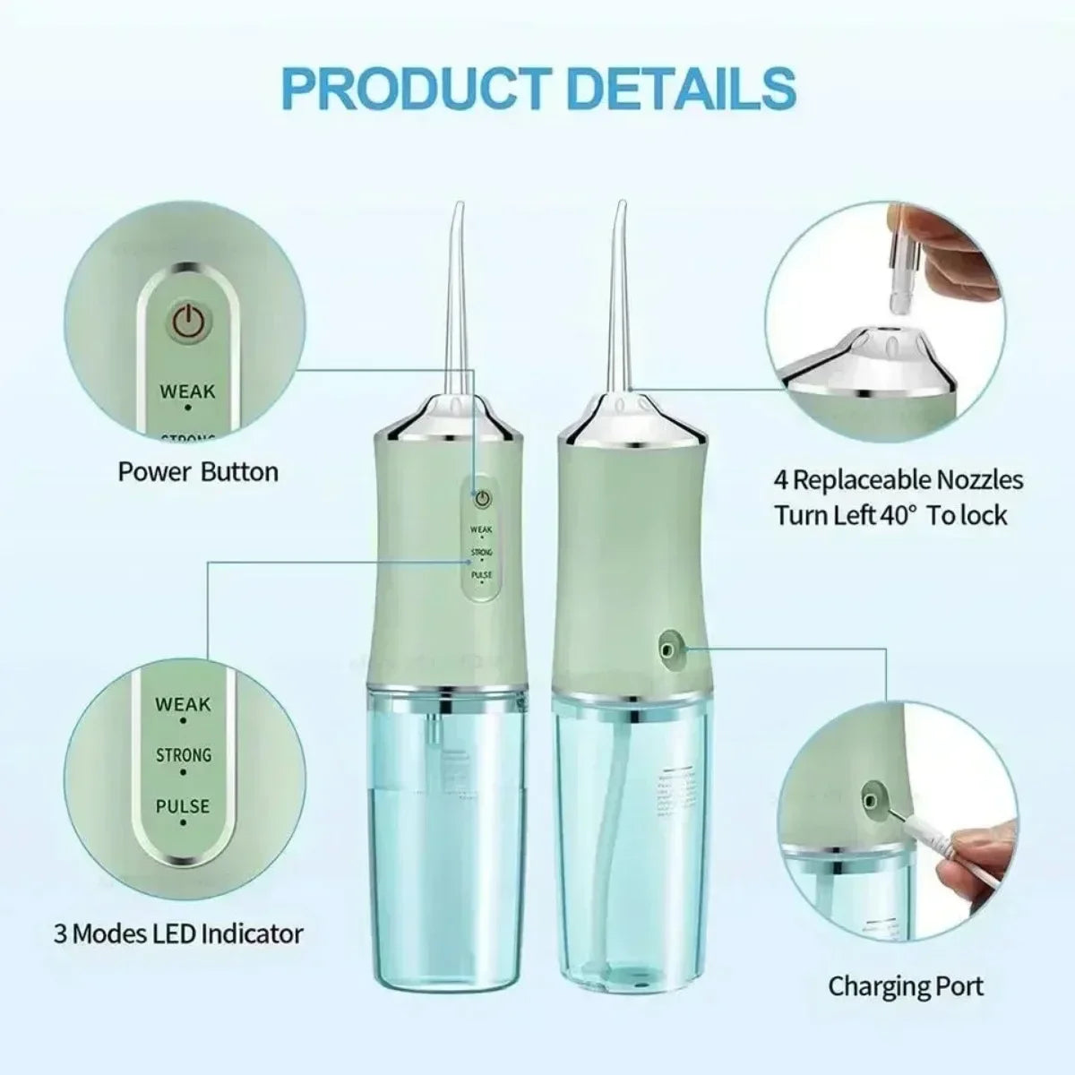 Portable Dental Water Flosser with USB Rechargeable, 220ml Water Tank, 4 Jet Tips, 3 Modes