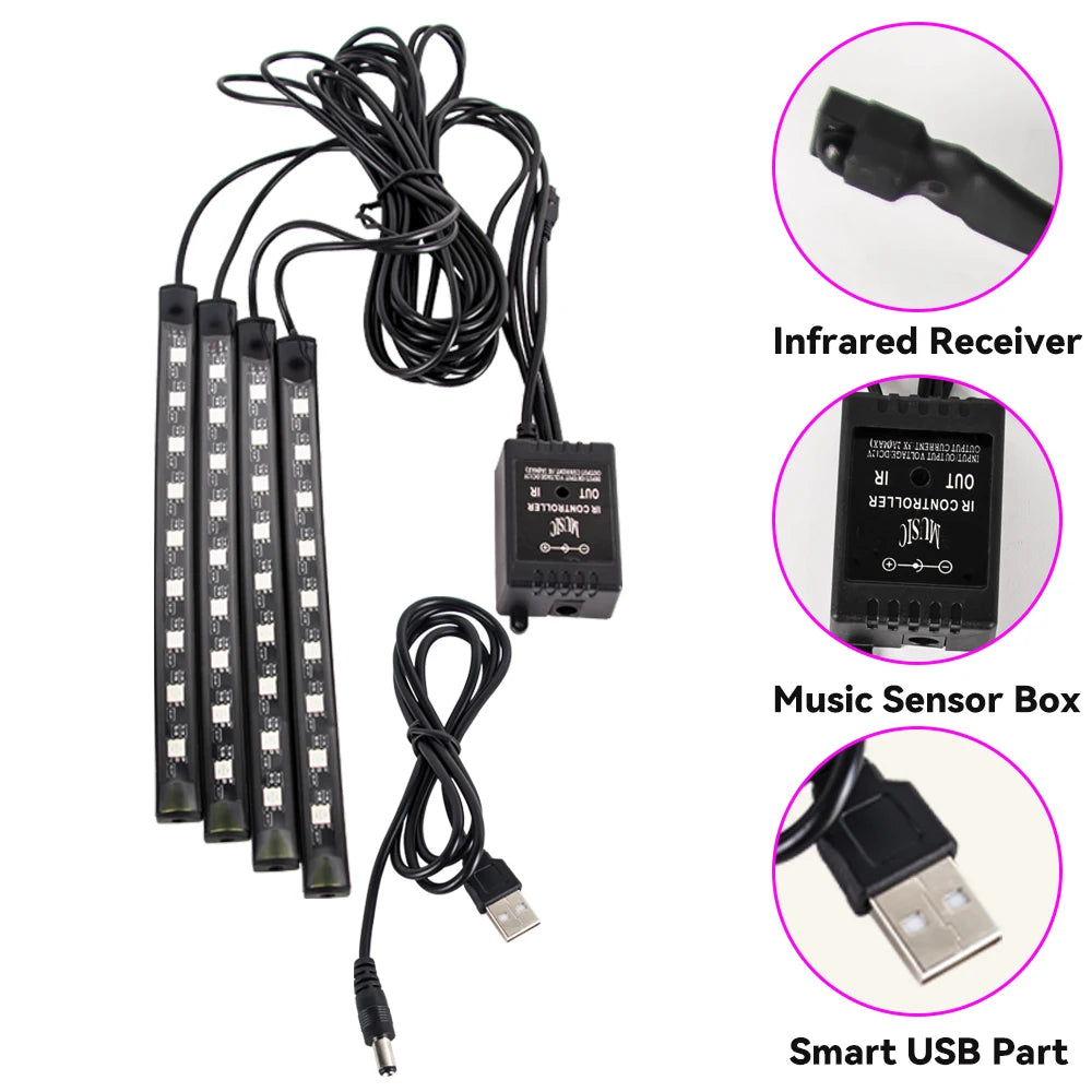 Neon 48/72 LED Car Interior Ambient Foot Light with USB Wireless Remote & Music App Control - Auto RGB Atmosphere Decorative Lamps