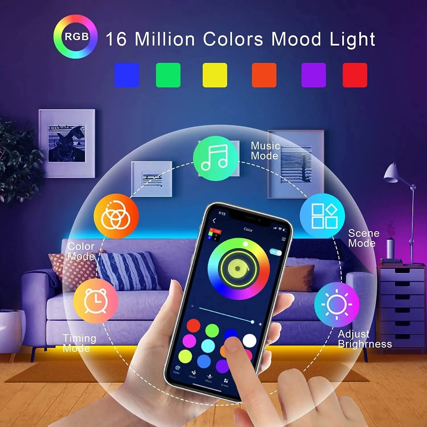 RGB LED Strip Lights with Bluetooth Control - 5V USB Powered Flexible LED Tape for TV Backlight and Room Decoration