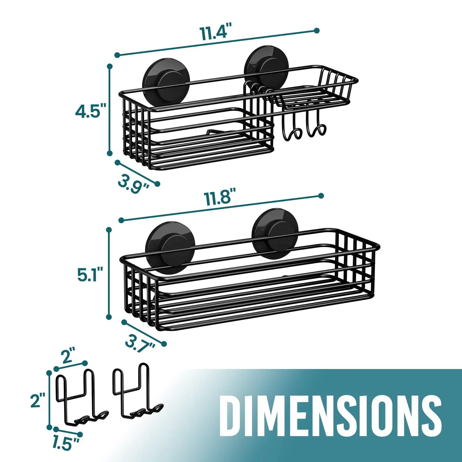 Shower Caddy 2-Pack with Hooks & Soap Holder, No Drilling, Heavy Duty Bathroom Organizer