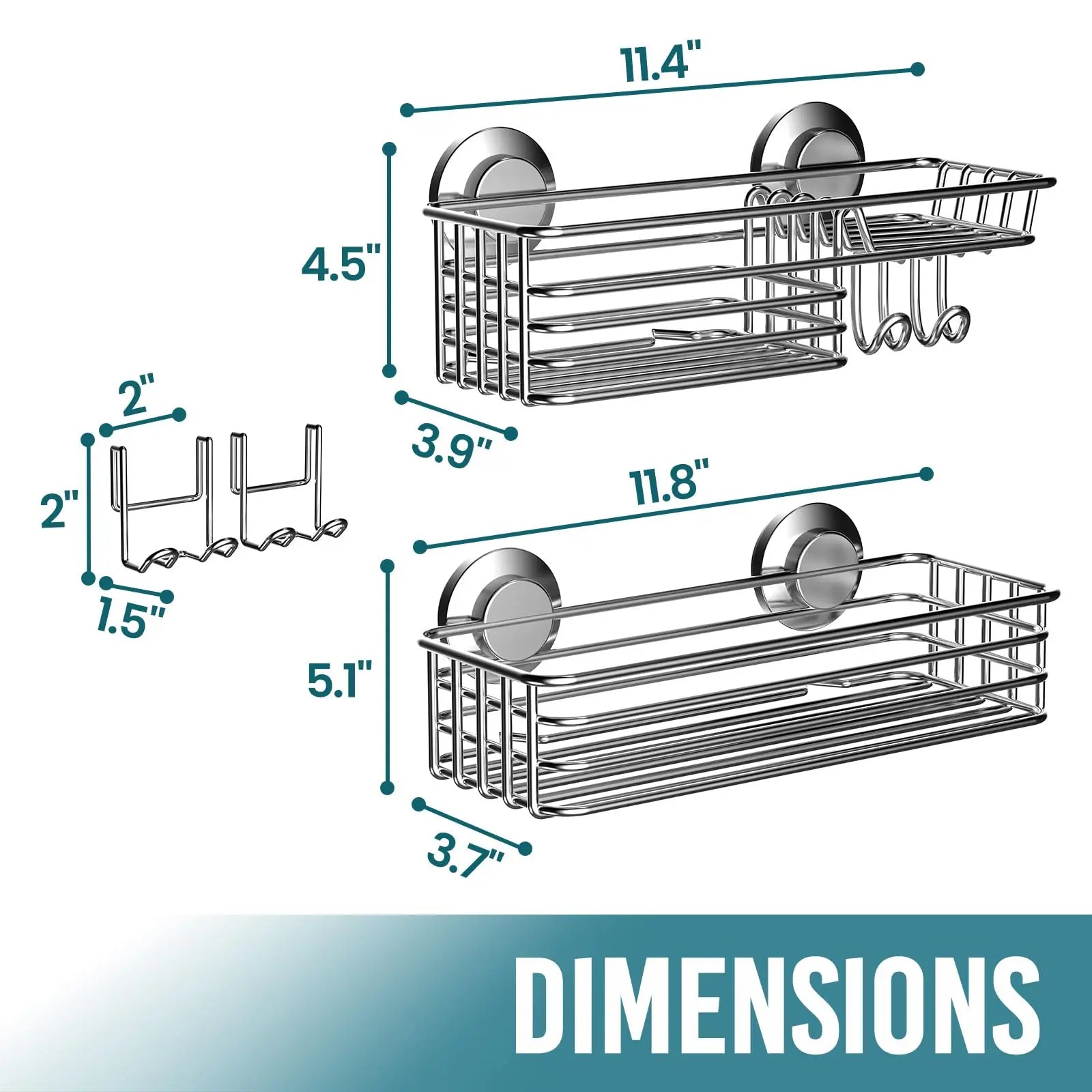 Shower Caddy 2-Pack with Hooks & Soap Holder, No Drilling, Heavy Duty Bathroom Organizer
