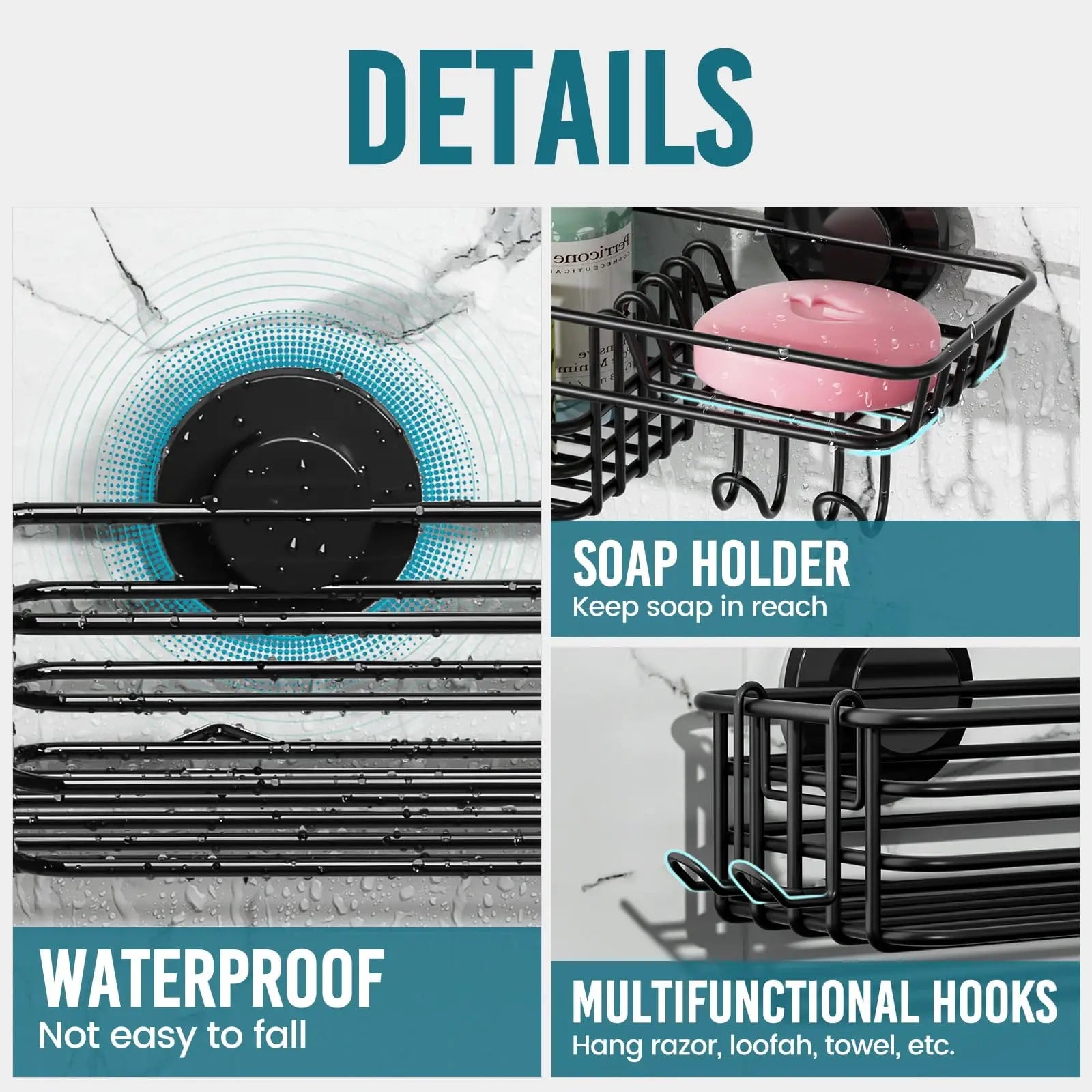 Shower Caddy 2-Pack with Hooks & Soap Holder, No Drilling, Heavy Duty Bathroom Organizer