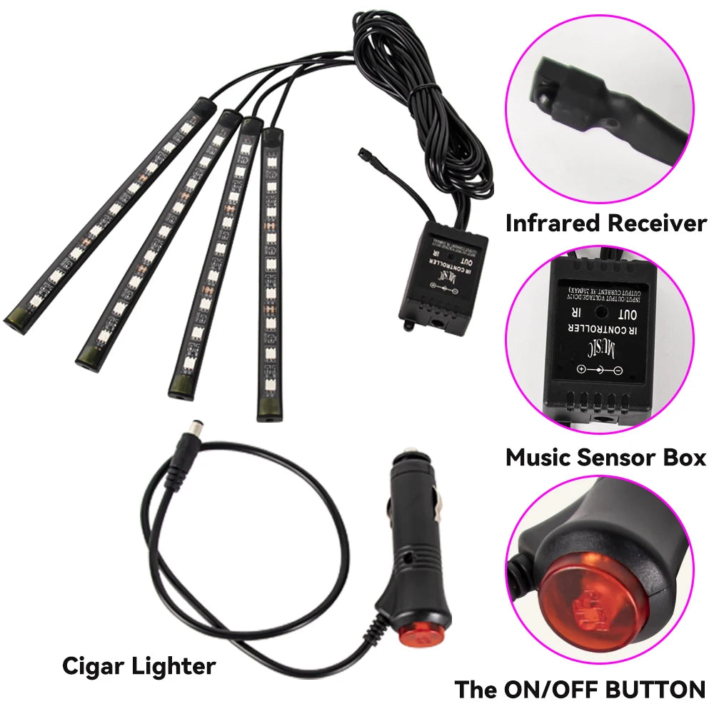 Neon 48/72 LED Car Interior Ambient Foot Light with USB Wireless Remote & Music App Control - Auto RGB Atmosphere Decorative Lamps