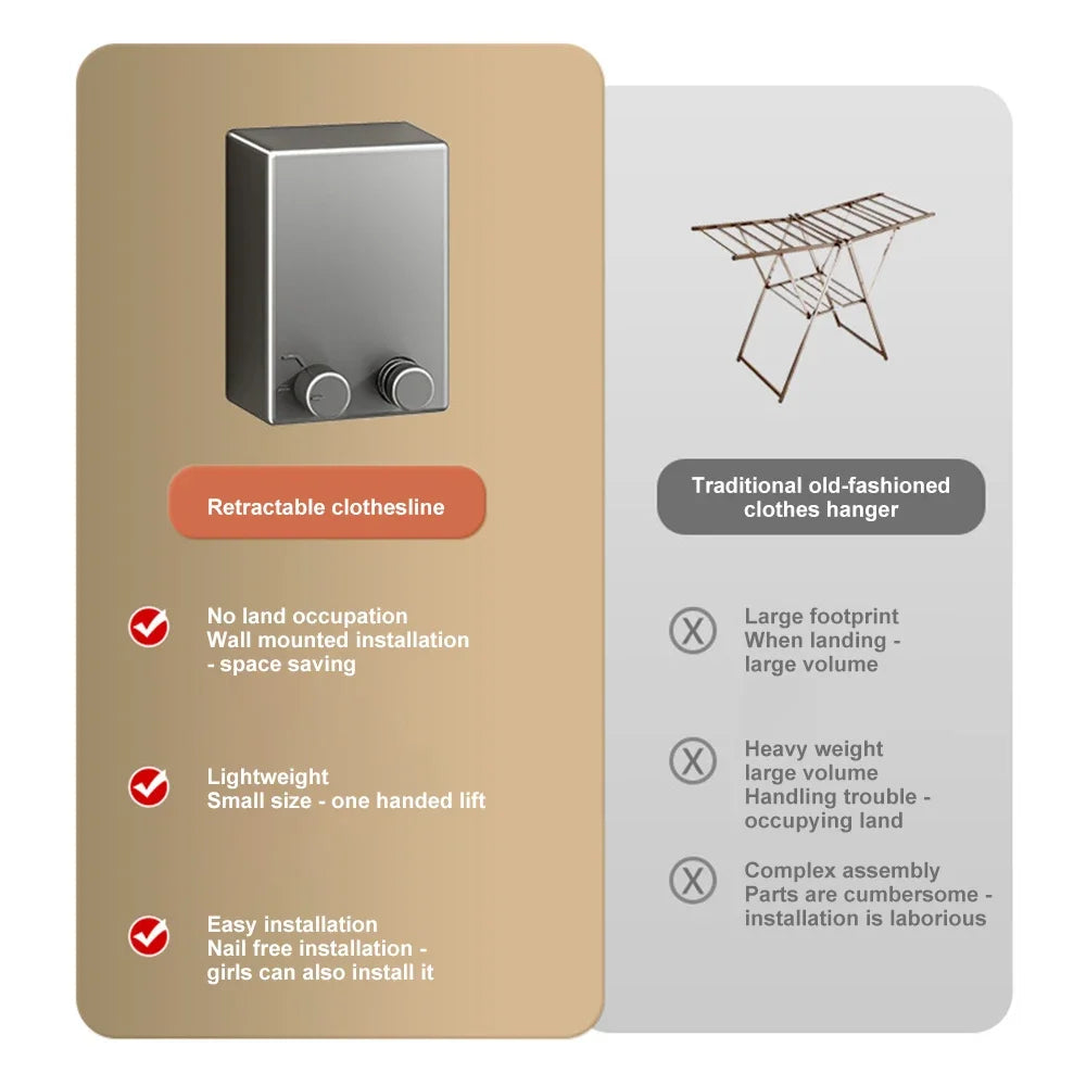 Retractable Clothesline – Stainless Steel Pull-Out Clothes Drying Rack for Home, Space-Saving, Easy Installation