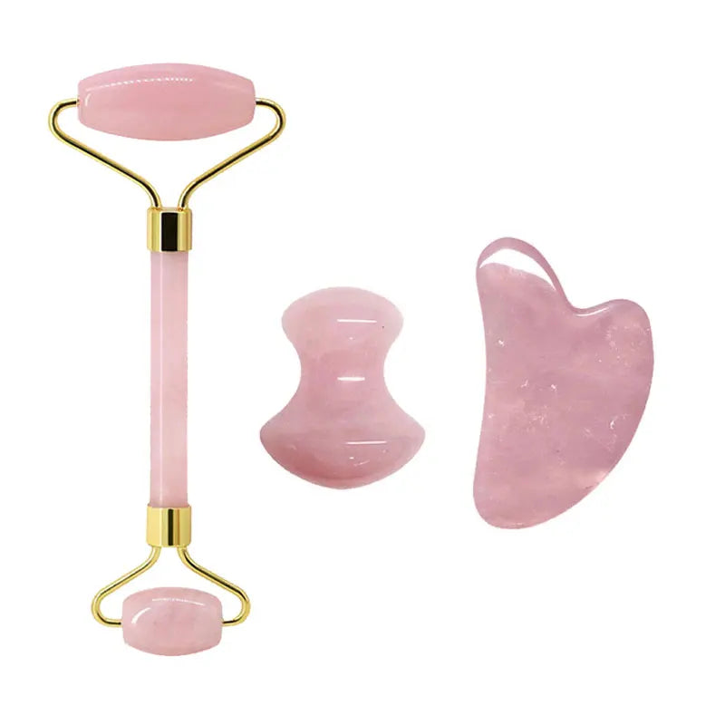 Rose Quartz Face Roller & Gua Sha Scraper Set – Natural Stone Jade Massager for Facial Lift, Anti-Wrinkle, and Relaxation