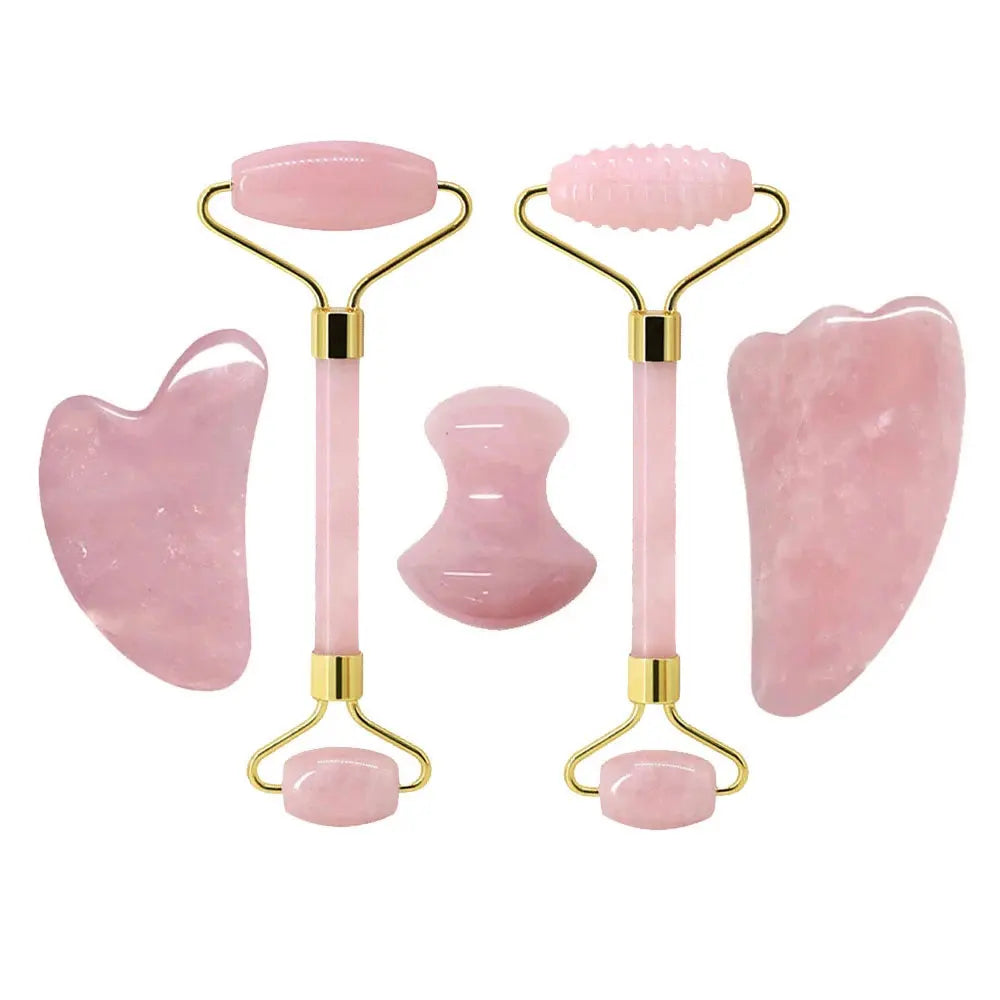 Rose Quartz Face Roller & Gua Sha Scraper Set – Natural Stone Jade Massager for Facial Lift, Anti-Wrinkle, and Relaxation