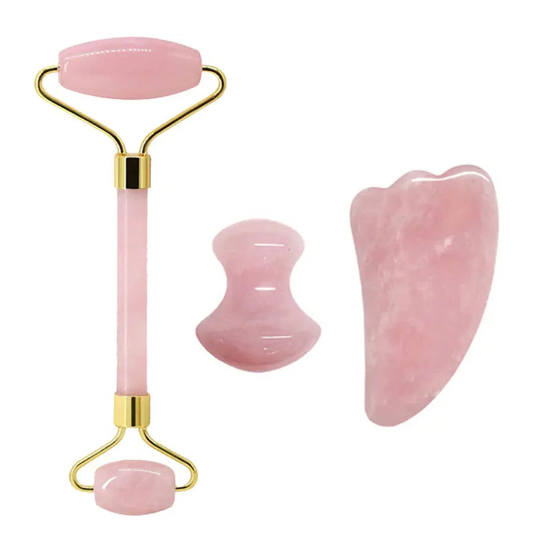 Rose Quartz Face Roller & Gua Sha Scraper Set – Natural Stone Jade Massager for Facial Lift, Anti-Wrinkle, and Relaxation