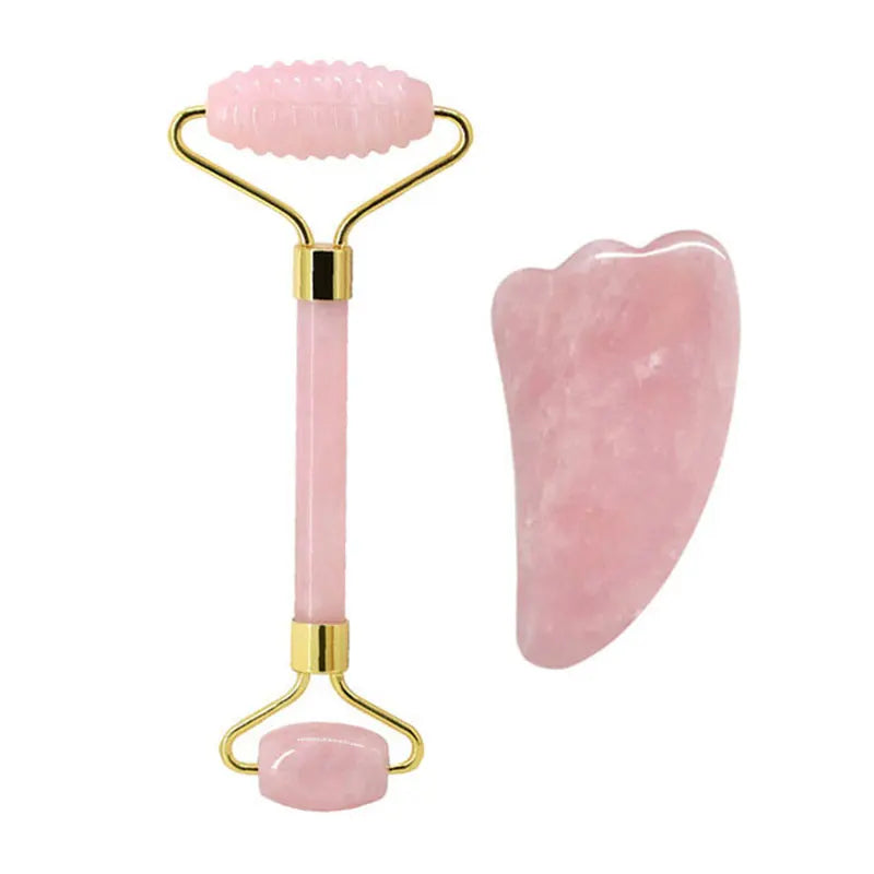 Rose Quartz Face Roller & Gua Sha Scraper Set – Natural Stone Jade Massager for Facial Lift, Anti-Wrinkle, and Relaxation