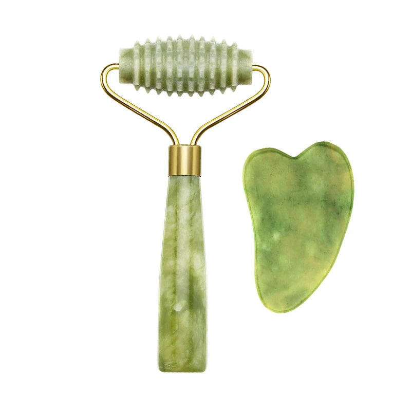 2PC Natural Jade Stone Gua Sha Face Lift Roller & Gouache Scraper Set – Anti-Wrinkle, Facial & Body Massager for Lymphatic Drainage & Skin Toning