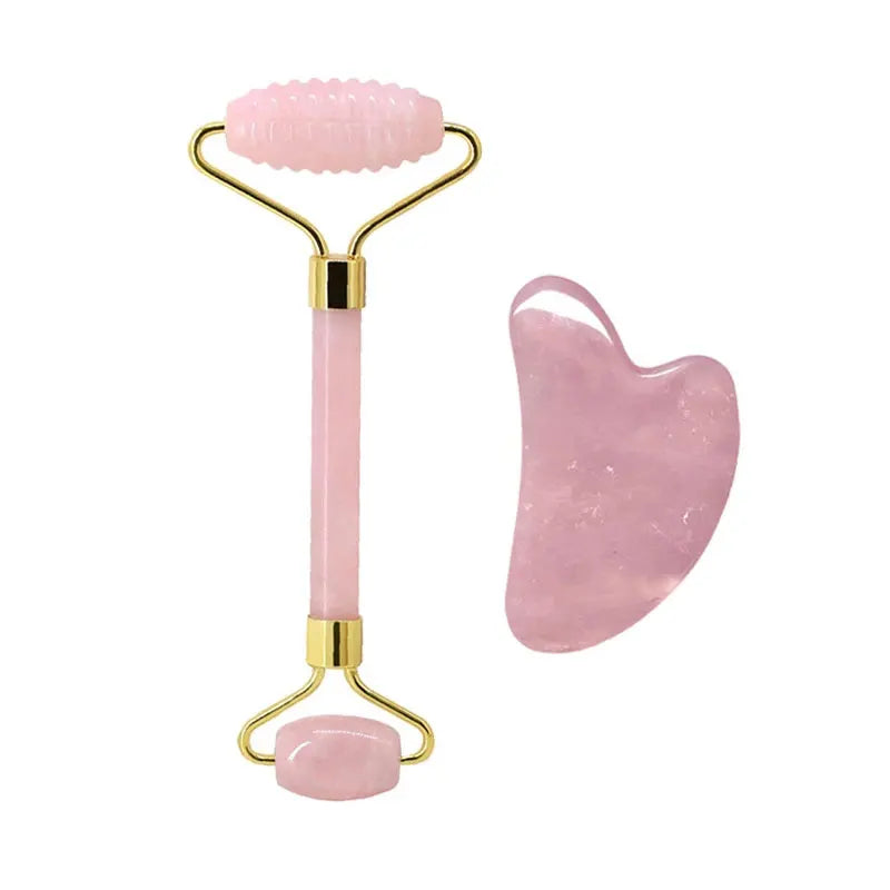 Rose Quartz Face Roller & Gua Sha Scraper Set – Natural Stone Jade Massager for Facial Lift, Anti-Wrinkle, and Relaxation