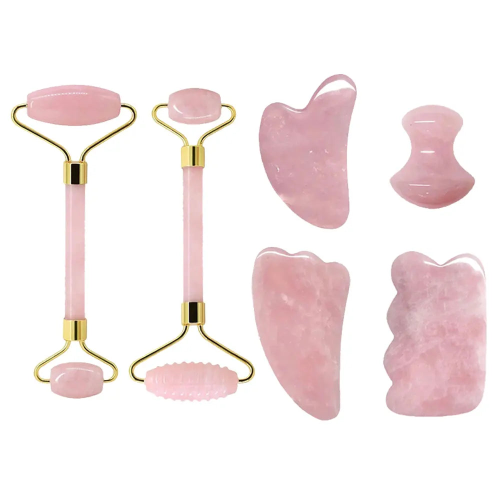 Rose Quartz Face Roller & Gua Sha Scraper Set – Natural Stone Jade Massager for Facial Lift, Anti-Wrinkle, and Relaxation