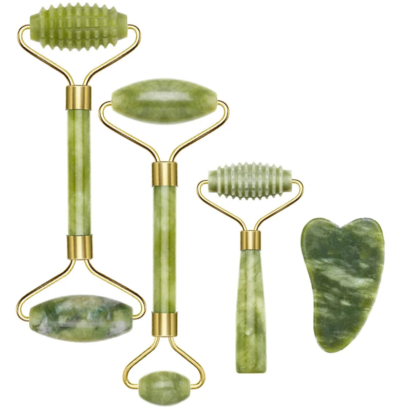 2PC Natural Jade Stone Gua Sha Face Lift Roller & Gouache Scraper Set – Anti-Wrinkle, Facial & Body Massager for Lymphatic Drainage & Skin Toning