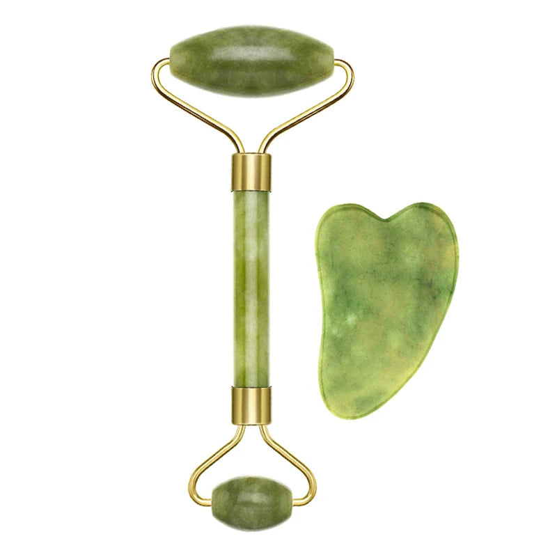 2PC Natural Jade Stone Gua Sha Face Lift Roller & Gouache Scraper Set – Anti-Wrinkle, Facial & Body Massager for Lymphatic Drainage & Skin Toning