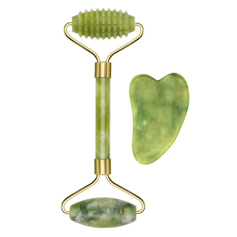 2PC Natural Jade Stone Gua Sha Face Lift Roller & Gouache Scraper Set – Anti-Wrinkle, Facial & Body Massager for Lymphatic Drainage & Skin Toning