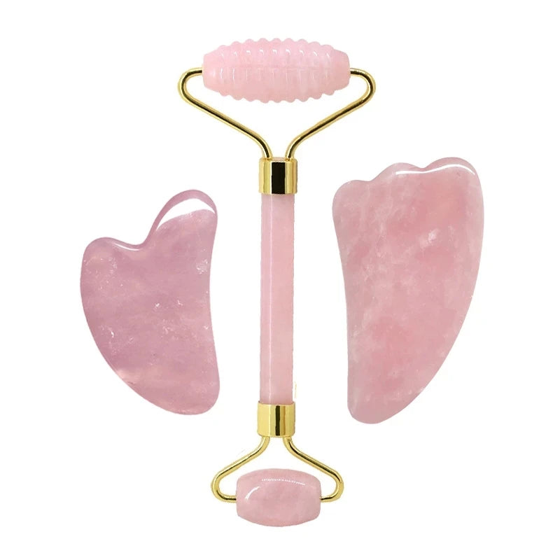 Rose Quartz Face Roller & Gua Sha Scraper Set – Natural Stone Jade Massager for Facial Lift, Anti-Wrinkle, and Relaxation