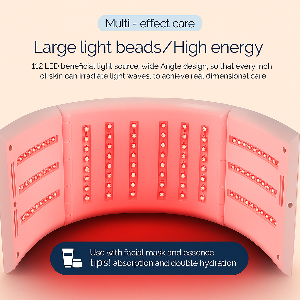 112 Light Bead LED Photon Mask – 7-Color High-Energy Facial Machine for Face, Neck, and Body, Home or SPA Skin Care Use