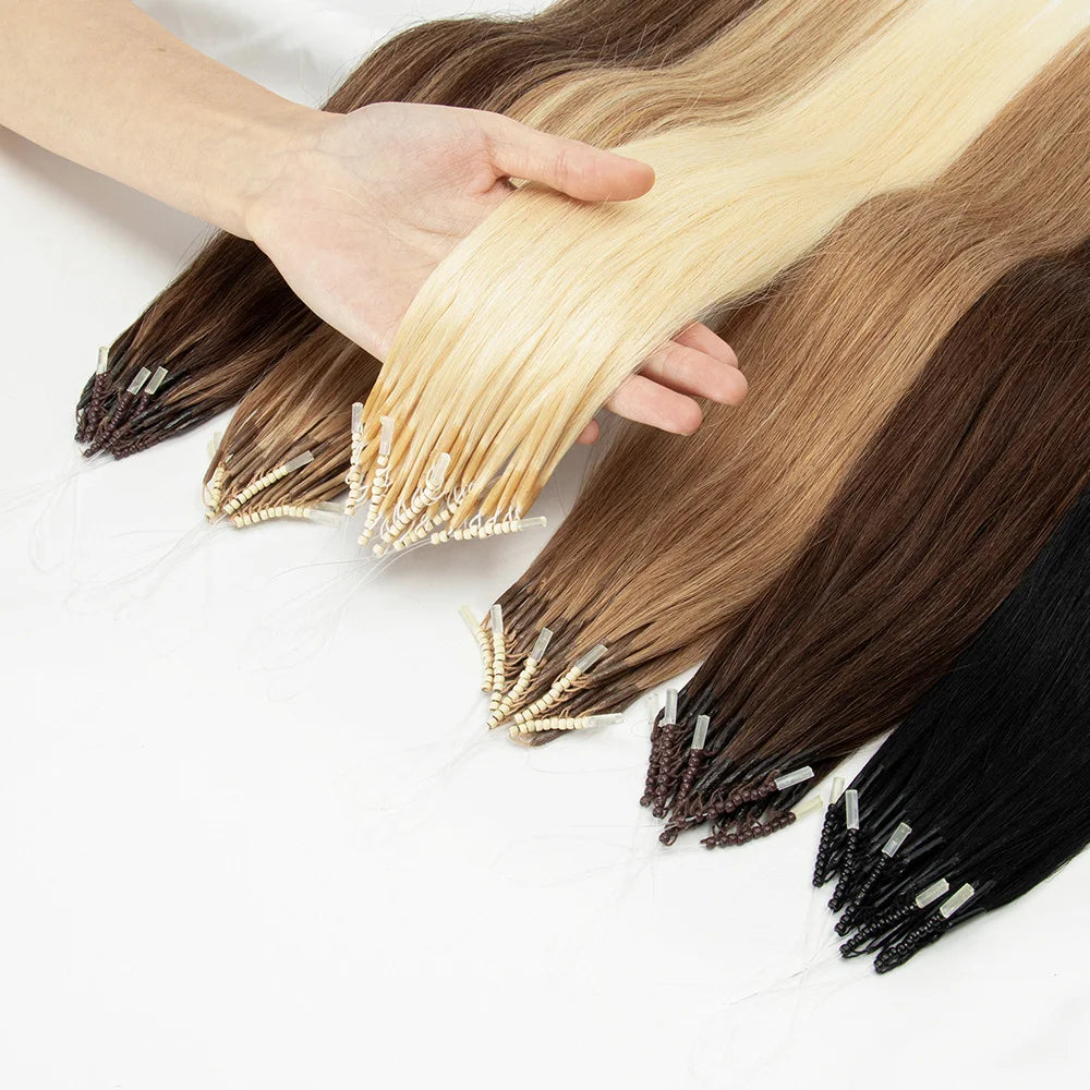 8D Micro Bead Hair Extensions – Human Hair Nano Ring with Invisible Mini Silicone Beads, Available in Black, Brown & Blonde Microlink Styles