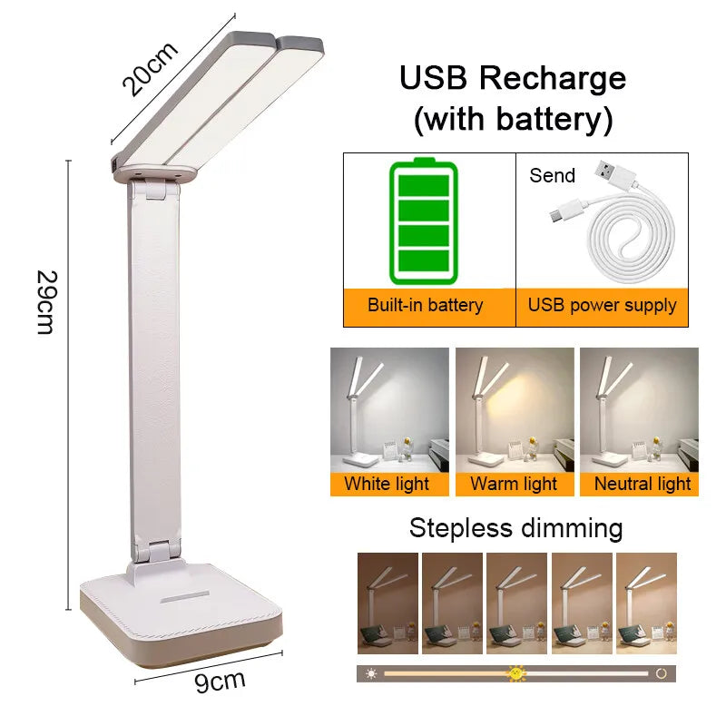 LED Desk Lamp - 3 Levels Dimmable Touch Night Light, USB Rechargeable, Foldable Table Lamp for Bedroom and Bedside Desk