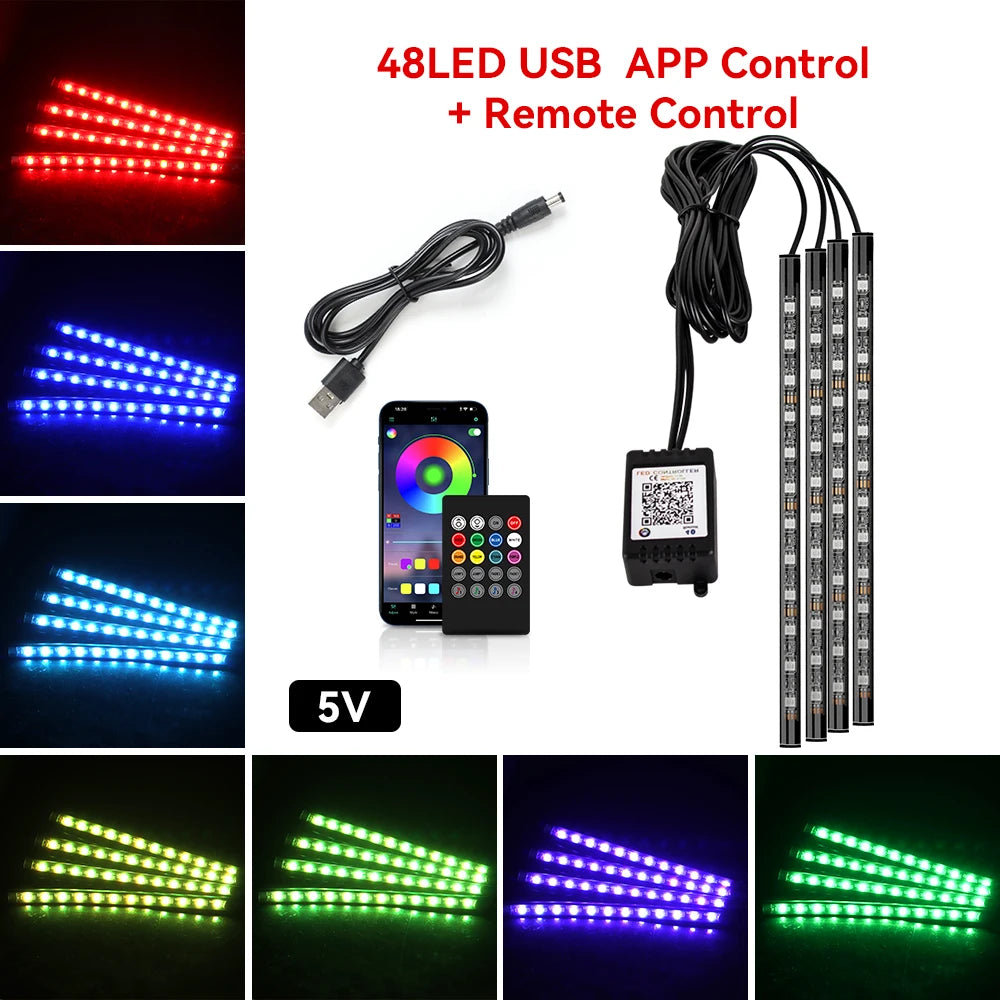 Neon 48/72 LED Car Interior Ambient Foot Light with USB Wireless Remote & Music App Control - Auto RGB Atmosphere Decorative Lamps