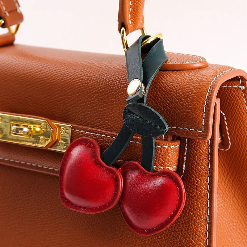 Cherry Bag Charm – Leather Handbag Pendant & Keychain with Love Heart for Schoolbag and Accessories