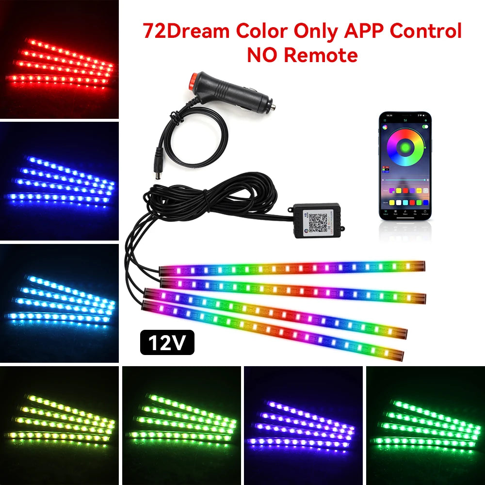 Neon 48/72 LED Car Interior Ambient Foot Light with USB Wireless Remote & Music App Control - Auto RGB Atmosphere Decorative Lamps