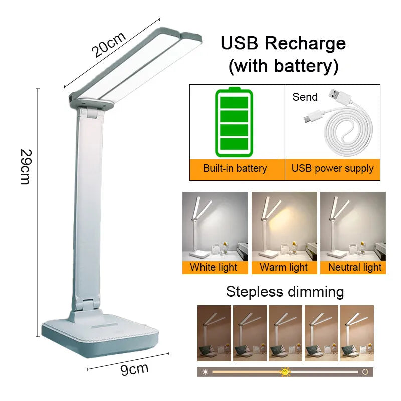 LED Desk Lamp - 3 Levels Dimmable Touch Night Light, USB Rechargeable, Foldable Table Lamp for Bedroom and Bedside Desk