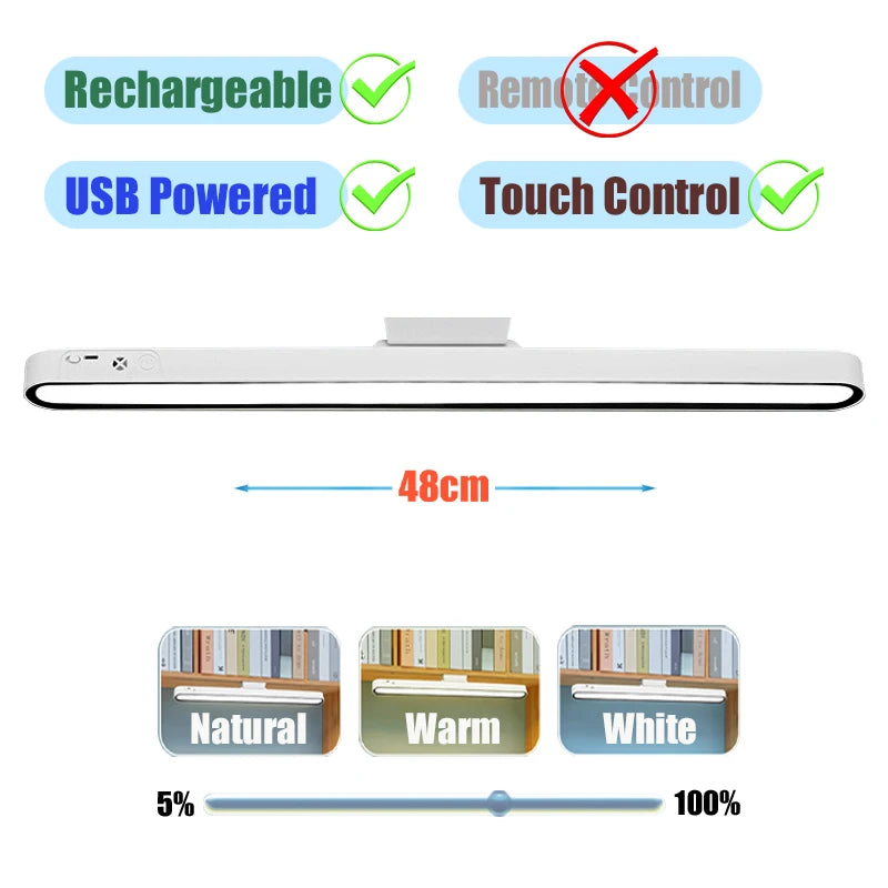 48cm Magnetic Desk Lamp - USB Rechargeable LED Reading Light, Dimmable with Touch & Remote Control, Adjustable Cabinet & Bedside Night Light