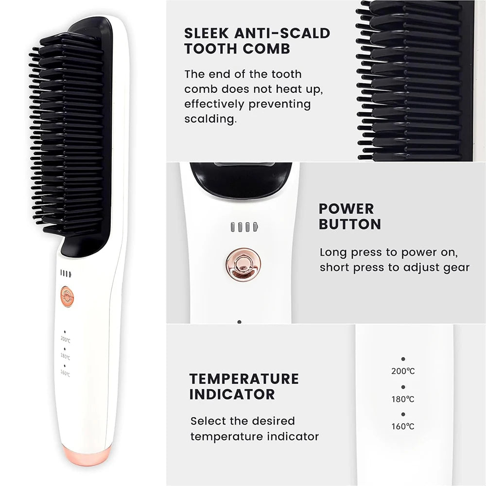 4800mAh Cordless Hair Straightener Brush – Rechargeable Electric Smoothing & Beard Straightening Comb for Men