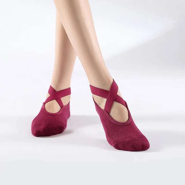 Bandage Yoga Socks for Women – Non-Slip Cotton Pilates, Ballet, Dance & Gym Workout Socks with Grip