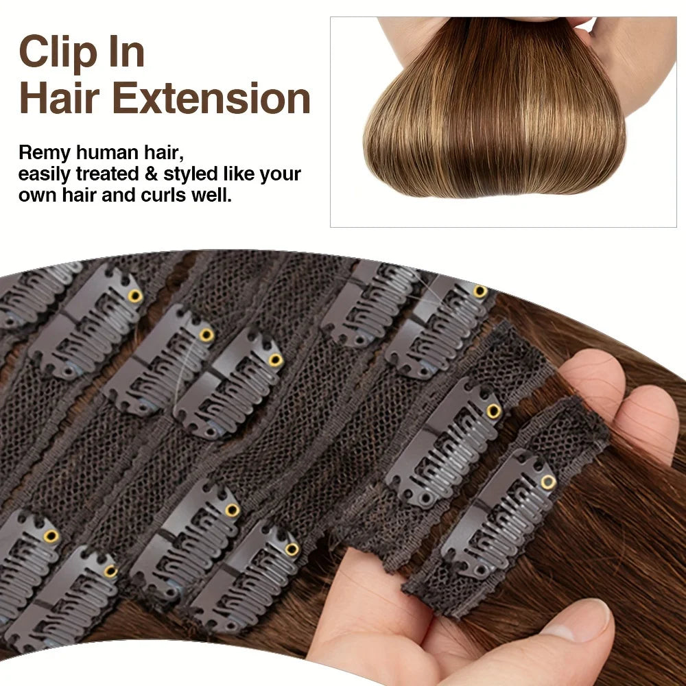 Straight Clip-In Hair Extensions - 100% Real Remy Human Hair, Brown & Blonde Highlights