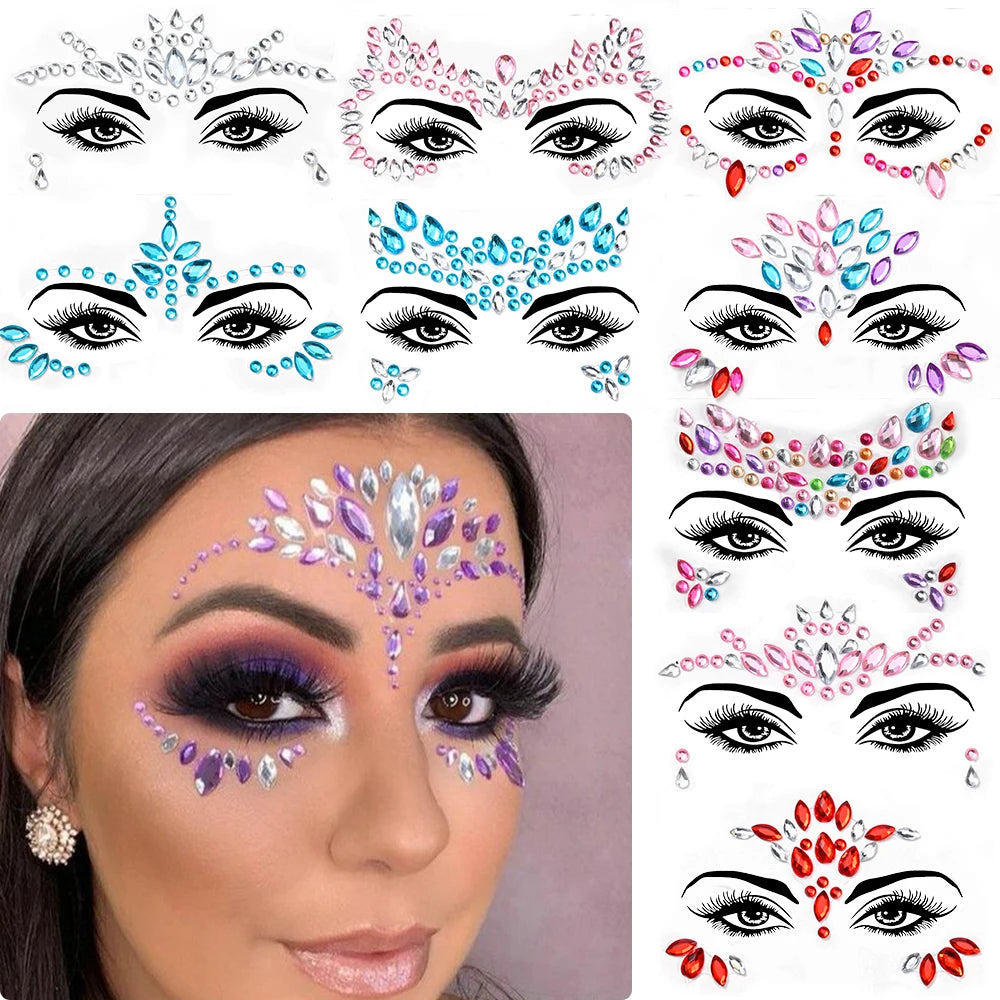 3D Rhinestone Face Tattoo Stickers Colored Glitter Crystal/1Pcs