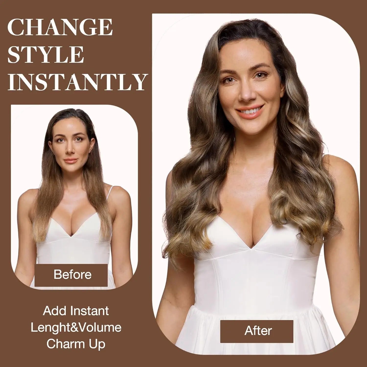 Straight Clip-In Hair Extensions - 100% Real Remy Human Hair, Brown & Blonde Highlights