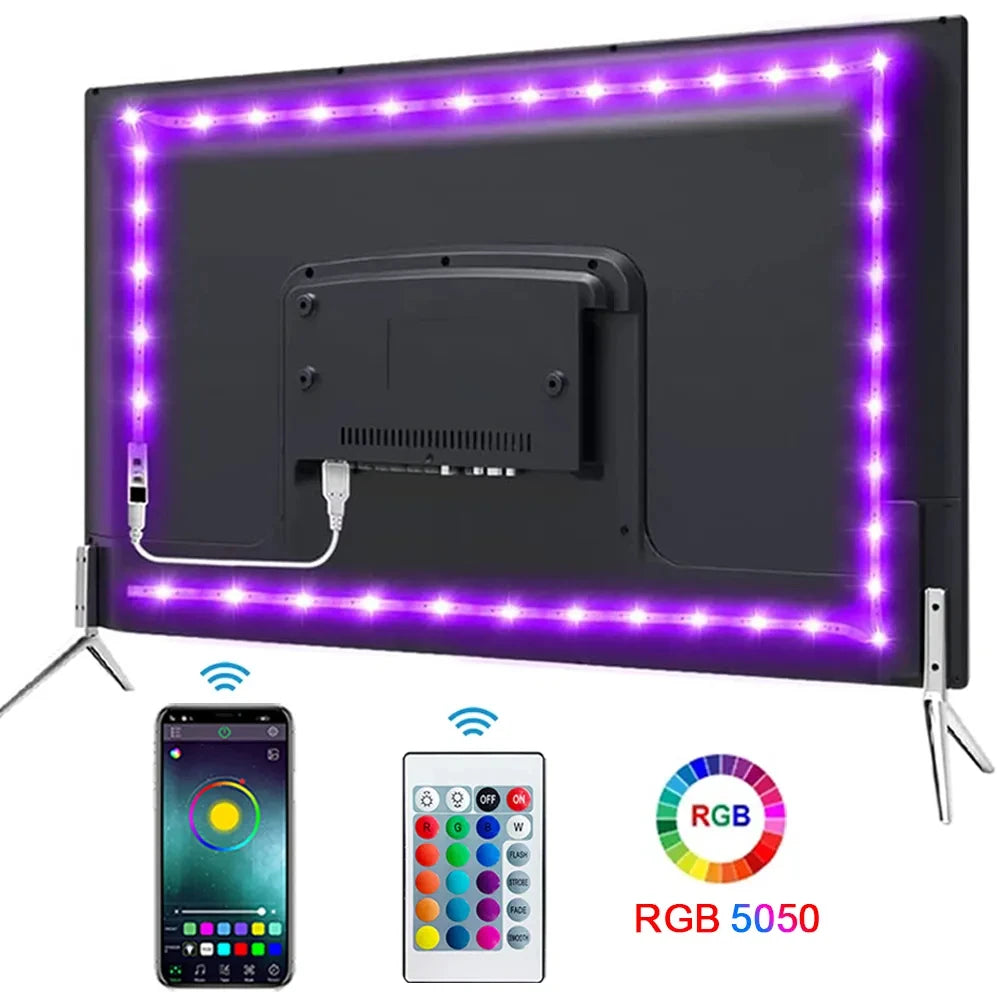 Smart LED Strip Lights 5050 RGB with Bluetooth APP & Remote Control - 5V USB Flexible Ribbon Lamp for Christmas & Room Decor