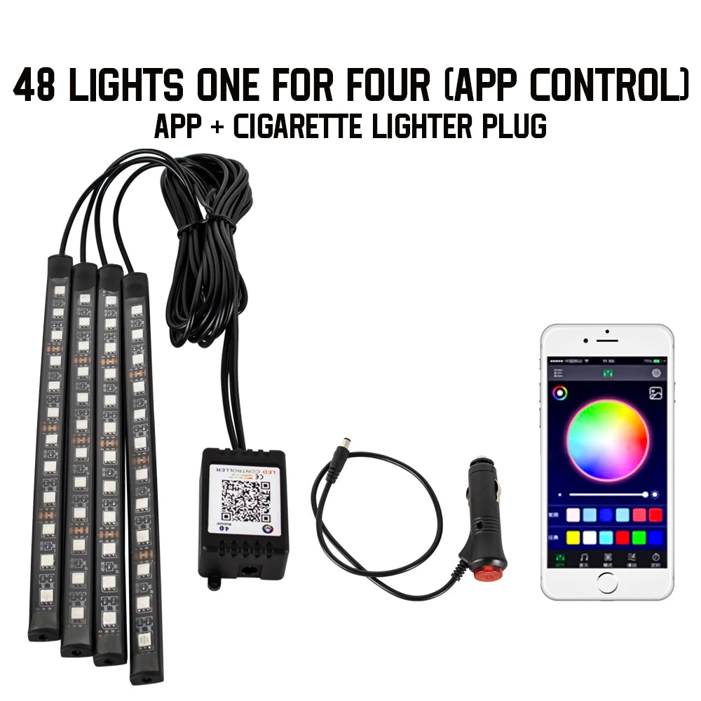 Neon 48/72 LED Car Interior Ambient Foot Light with USB Wireless Remote & Music App Control - Auto RGB Atmosphere Decorative Lamps