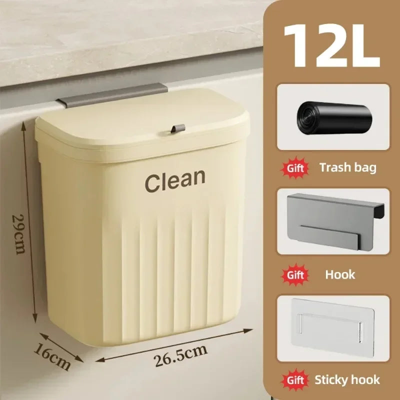 8.5/12L Wall-Mounted Hanging Trash Can with Lid - Kitchen Cabinet Door, Bathroom, and Toilet Wastebasket
