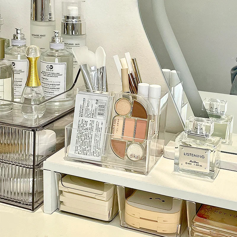 Transparent Acrylic Makeup Organizer Box - 3-5 Grid Brush Holder & Storage for Desk