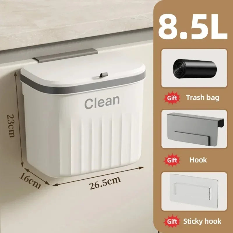 8.5/12L Wall-Mounted Hanging Trash Can with Lid - Kitchen Cabinet Door, Bathroom, and Toilet Wastebasket