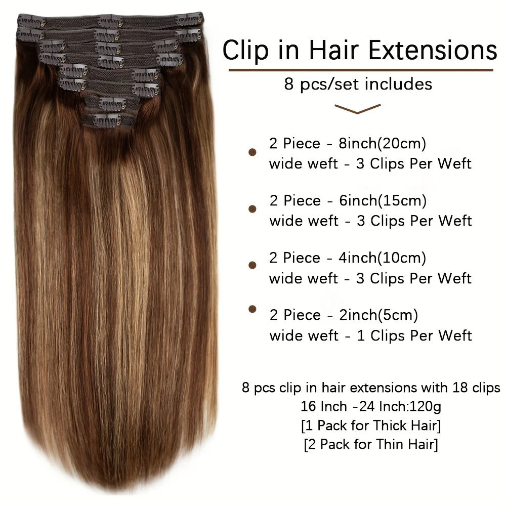 Straight Clip-In Hair Extensions - 100% Real Remy Human Hair, Brown & Blonde Highlights