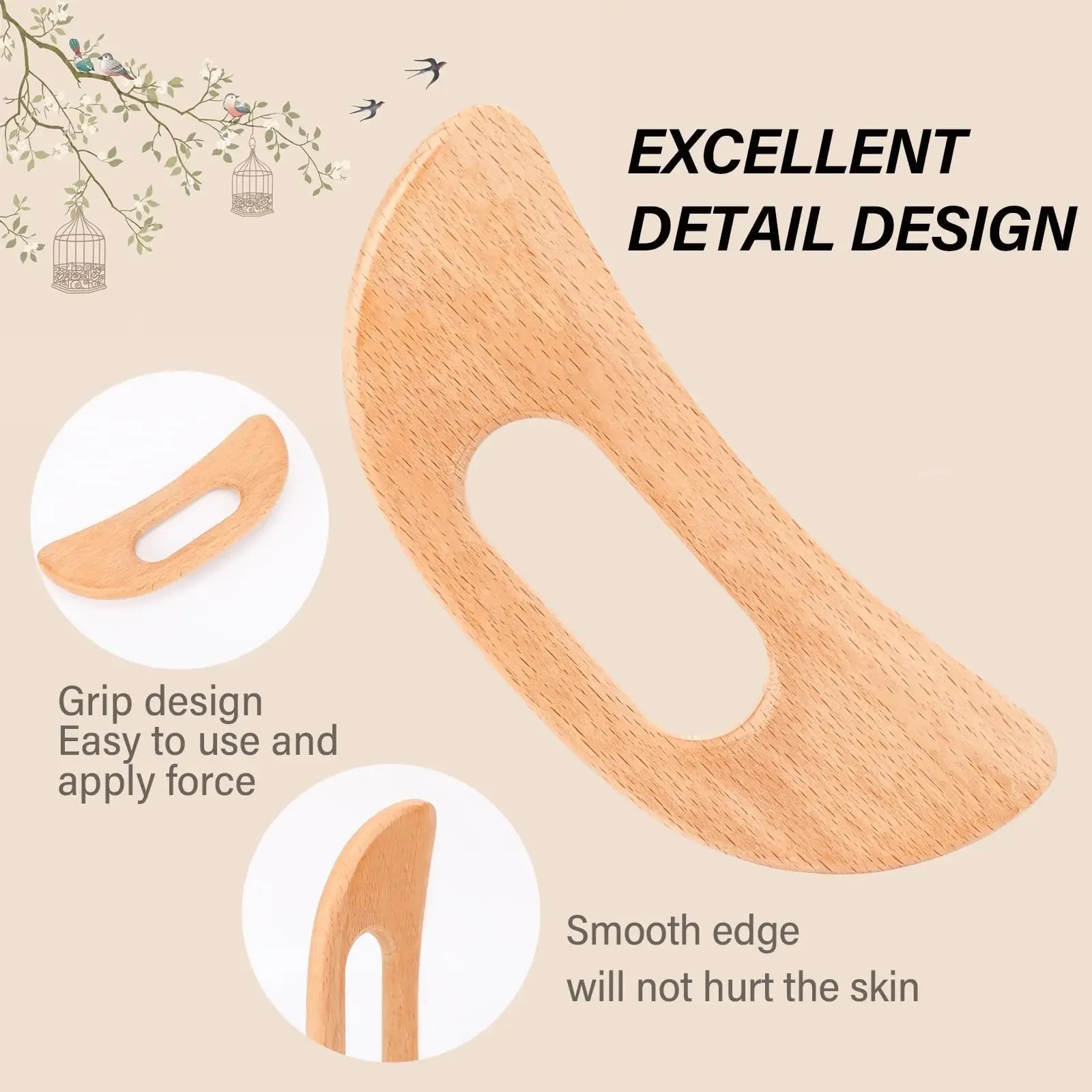 Wooden Gua Sha Tool Manual Massage Scraper for Lymphatic Drainage