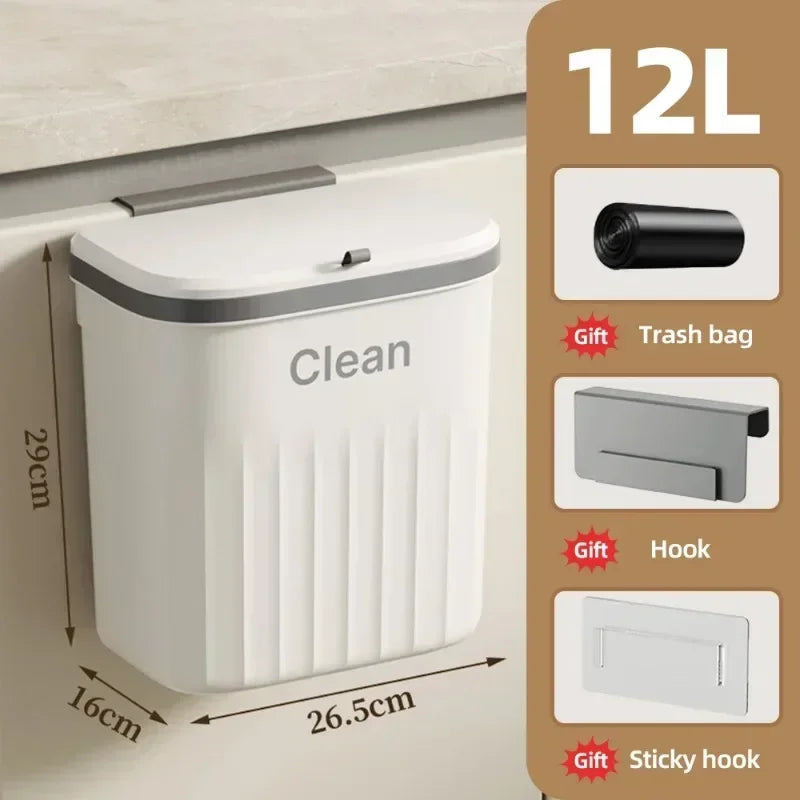 8.5/12L Wall-Mounted Hanging Trash Can with Lid - Kitchen Cabinet Door, Bathroom, and Toilet Wastebasket
