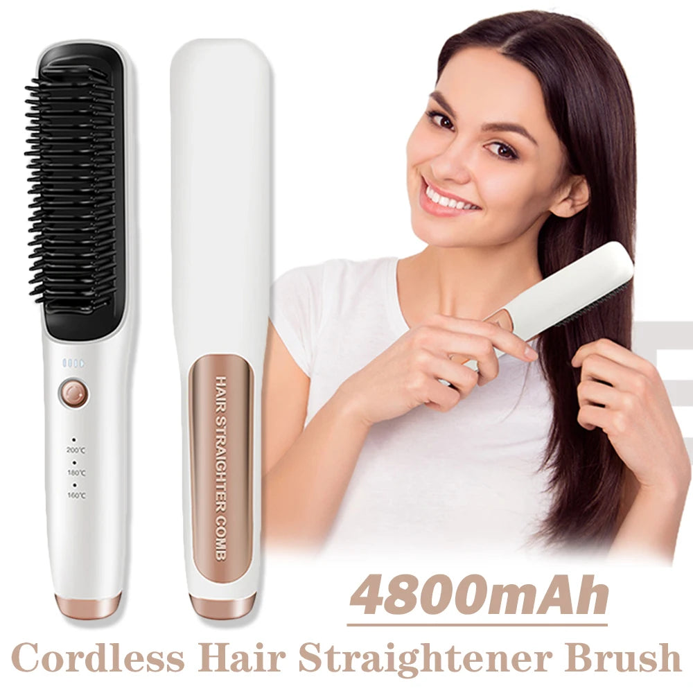 4800mAh Cordless Hair Straightener Brush – Rechargeable Electric Smoothing & Beard Straightening Comb for Men