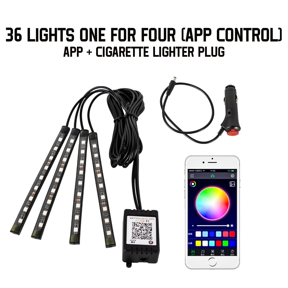 Neon 48/72 LED Car Interior Ambient Foot Light with USB Wireless Remote & Music App Control - Auto RGB Atmosphere Decorative Lamps