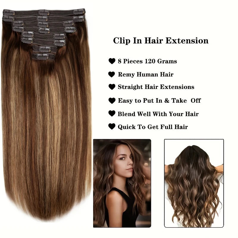 Straight Clip-In Hair Extensions - 100% Real Remy Human Hair, Brown & Blonde Highlights