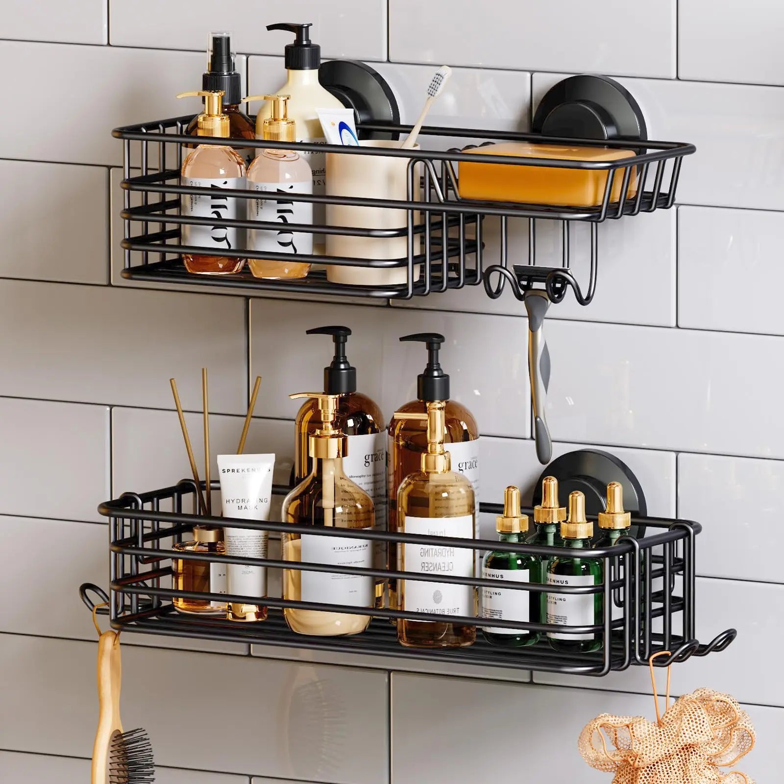 Shower Caddy 2-Pack with Hooks & Soap Holder, No Drilling, Heavy Duty Bathroom Organizer
