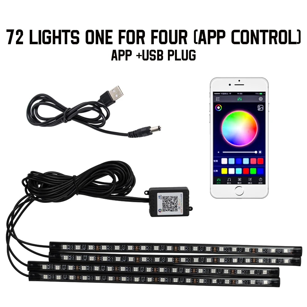 Neon 48/72 LED Car Interior Ambient Foot Light with USB Wireless Remote & Music App Control - Auto RGB Atmosphere Decorative Lamps
